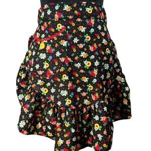 Vintage Mary Engelbreit 90s Apron Black Floral Fruit Ruffle Pocket Cotton